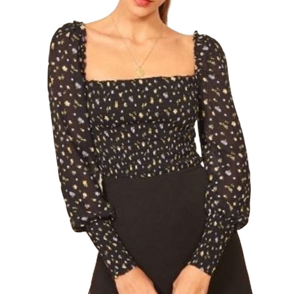 Reformation Black Smocked Square-Neck Blouse with Floral Print